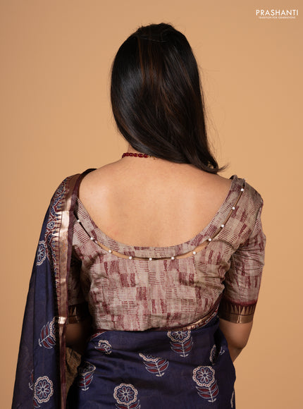 Navy Blue & Maroon Semi Maheshwari Cotton Saree