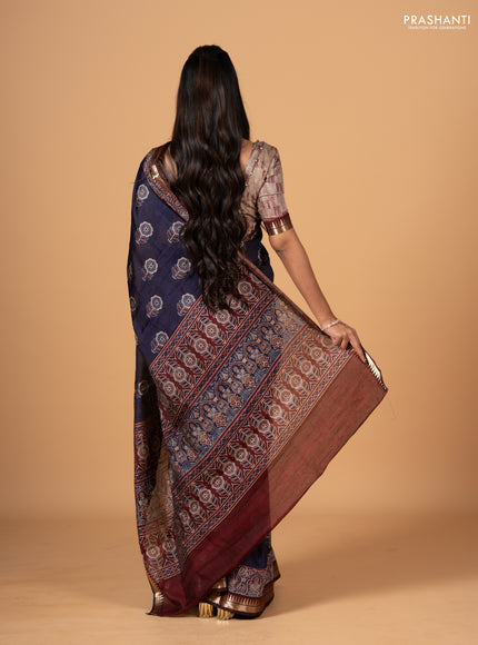 Navy Blue & Maroon Semi Maheshwari Cotton Saree