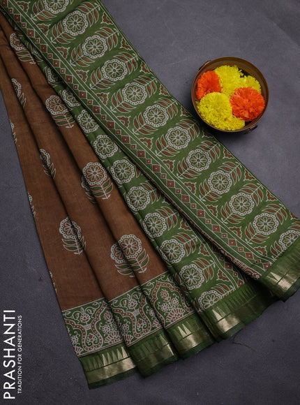 Beige & Green Semi Maheshwari Cotton Saree