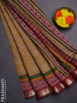 Mustard Yellow & Maroon Semi Maheshwari Cotton Saree