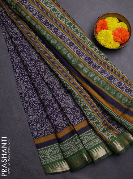 Navy Blue & Green Semi Maheshwari Cotton Saree
