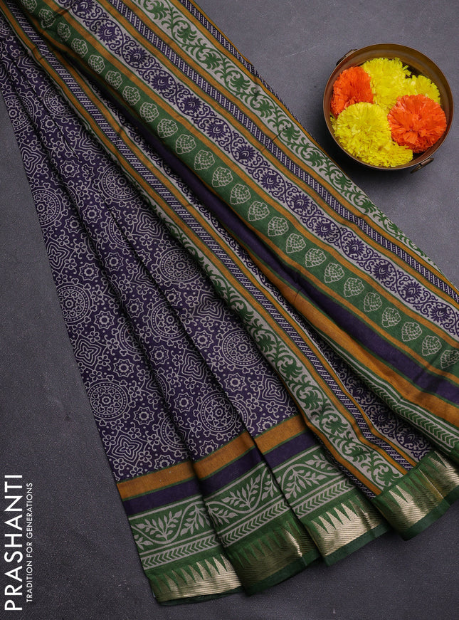Navy Blue & Green Semi Maheshwari Cotton Saree