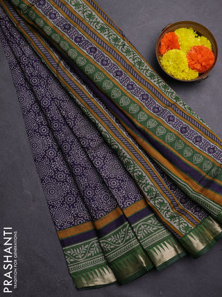 Navy Blue & Green Semi Maheshwari Cotton Saree