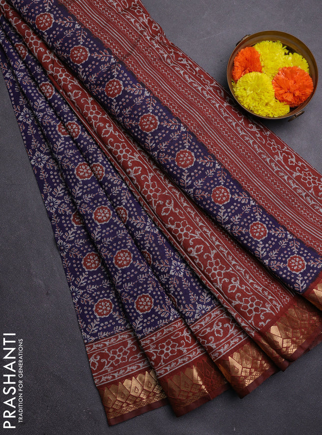 Blue & Rust Semi Maheshwari Cotton Saree