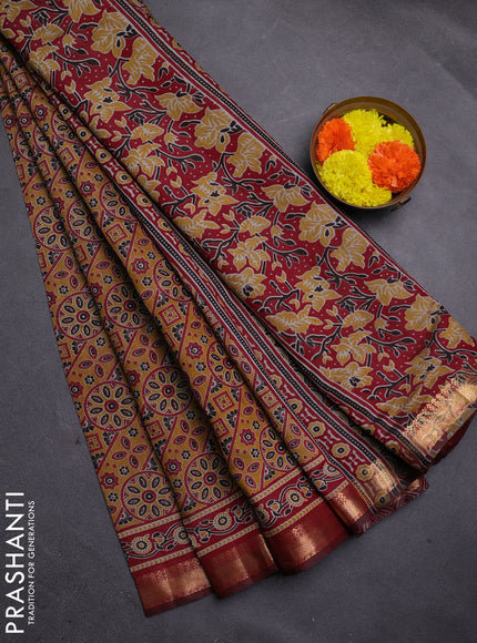 Mustard Yellow & Maroon Semi Maheshwari Cotton Saree