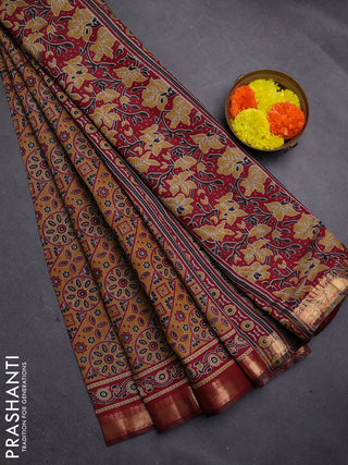 Mustard Yellow & Maroon Semi Maheshwari Cotton Saree