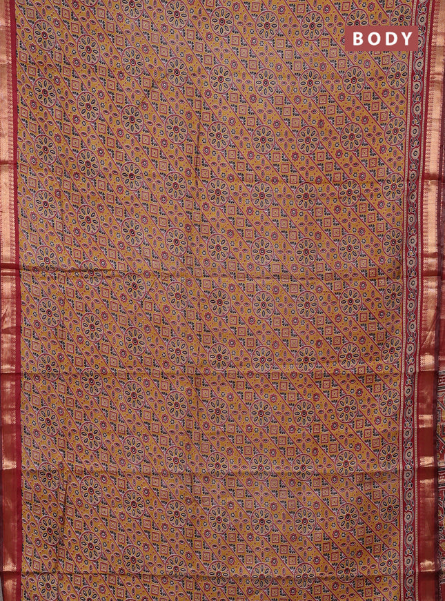 Mustard Yellow & Maroon Semi Maheshwari Cotton Saree