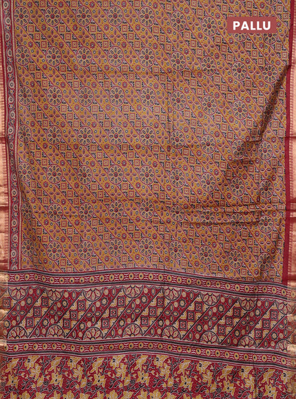 Mustard Yellow & Maroon Semi Maheshwari Cotton Saree