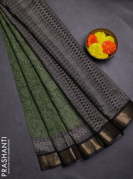 Green & Black Semi Maheshwari Cotton Saree