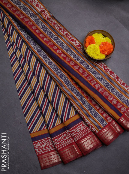Navy Blue & Maroon Semi Maheshwari Cotton Saree
