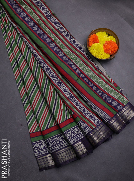 Green & Navy Blue Semi Maheshwari Cotton Saree