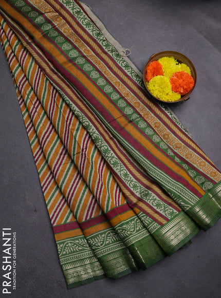 Mustard Yellow & Green Semi Maheshwari Cotton Saree