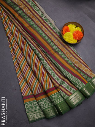 Mustard Yellow & Green Semi Maheshwari Cotton Saree