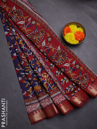 Navy Blue & Maroon Semi Maheshwari Cotton Saree