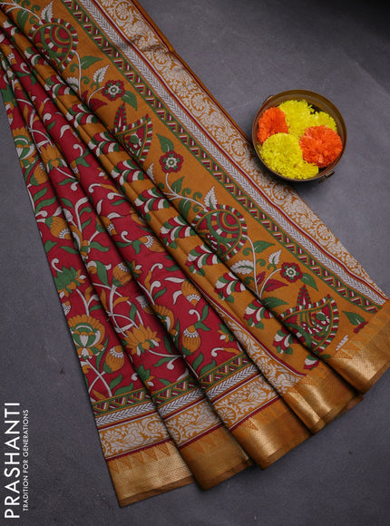 Red & Mustard Yellow Semi Maheshwari Cotton Saree