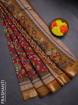 Red & Mustard Yellow Semi Maheshwari Cotton Saree