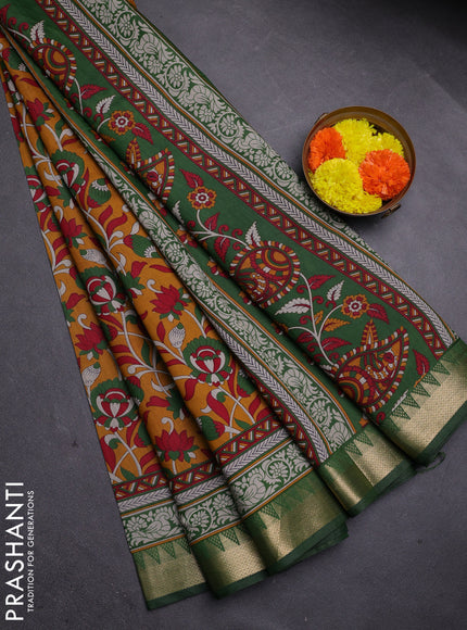 Mustard Yellow & Green Semi Maheshwari Cotton Saree
