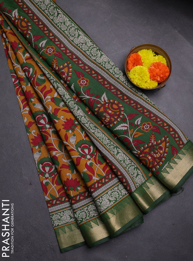 Mustard Yellow & Green Semi Maheshwari Cotton Saree