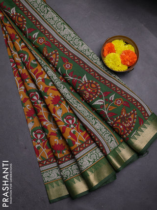 Mustard Yellow & Green Semi Maheshwari Cotton Saree
