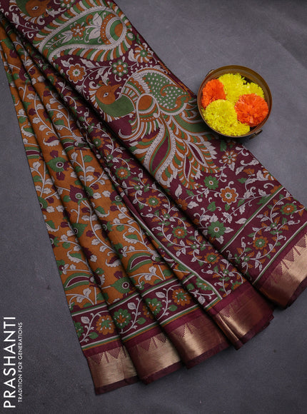 Mustard Yellow & Maroon Semi Maheshwari Cotton Saree