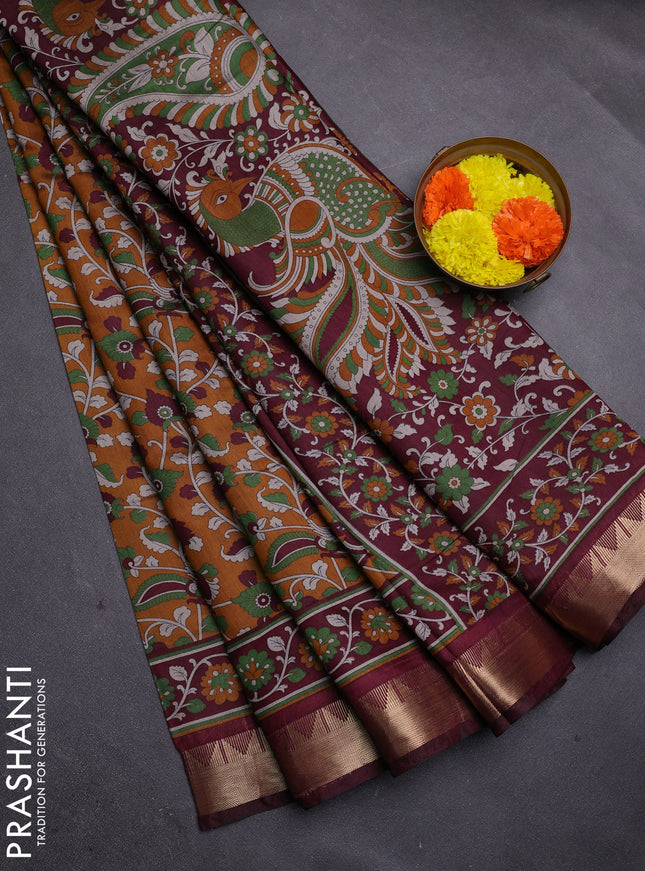 Mustard Yellow & Maroon Semi Maheshwari Cotton Saree