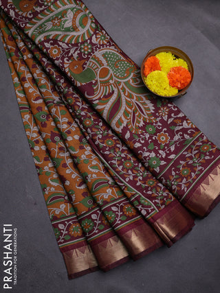 Mustard Yellow & Maroon Semi Maheshwari Cotton Saree