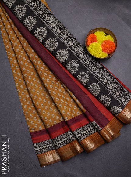 Mustard Yellow & Red Semi Maheshwari Cotton Saree