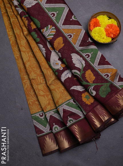 Mustard Yellow & Maroon Semi Maheshwari Cotton Saree