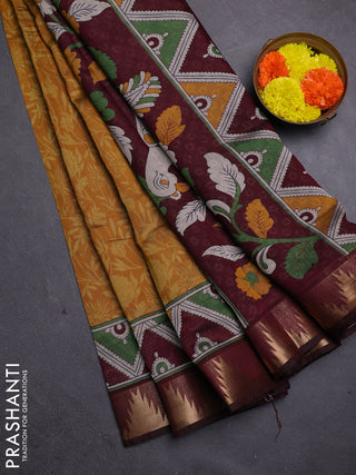 Mustard Yellow & Maroon Semi Maheshwari Cotton Saree