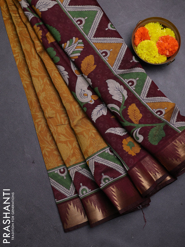 Mustard Yellow & Maroon Semi Maheshwari Cotton Saree
