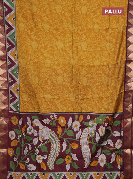 Mustard Yellow & Maroon Semi Maheshwari Cotton Saree