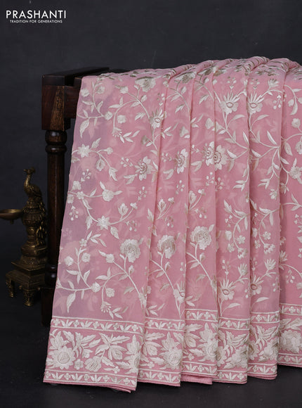 Peach Pink Georgette Saree - Parsi Embroidery