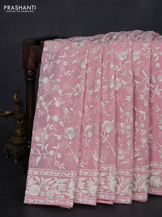 Peach Pink Georgette Saree - Parsi Embroidery