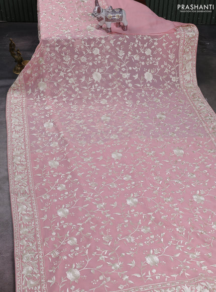 Peach Pink Georgette Saree - Parsi Embroidery