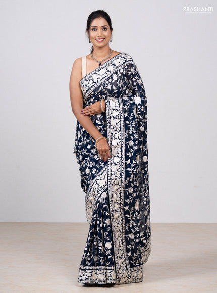 Navy Blue Georgette Saree - Parsi Embroidery