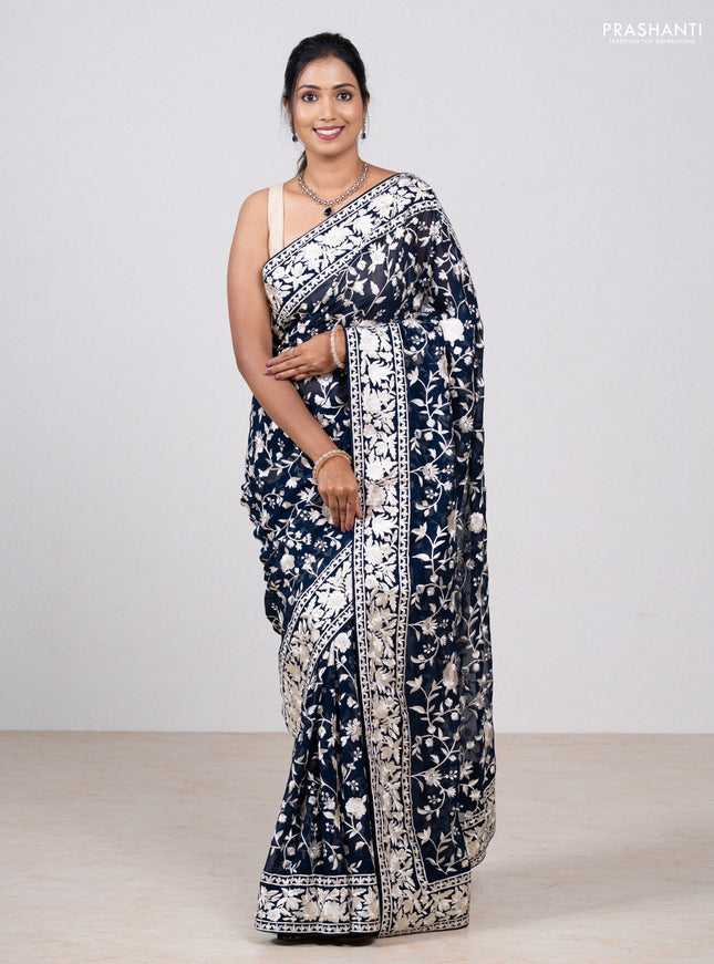 Navy Blue Georgette Saree - Parsi Embroidery