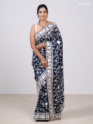 Navy Blue Georgette Saree - Parsi Embroidery