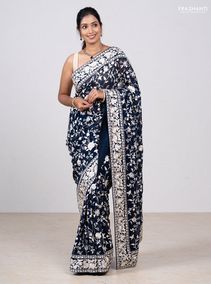 Navy Blue Georgette Saree - Parsi Embroidery