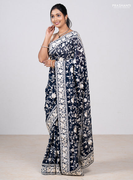 Navy Blue Georgette Saree - Parsi Embroidery