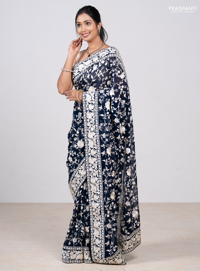 Navy Blue Georgette Saree - Parsi Embroidery