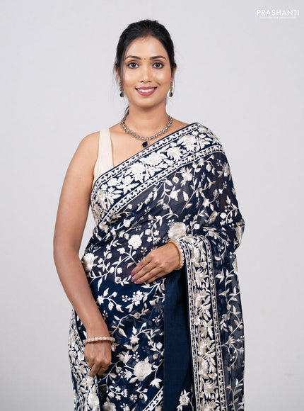 Navy Blue Georgette Saree - Parsi Embroidery