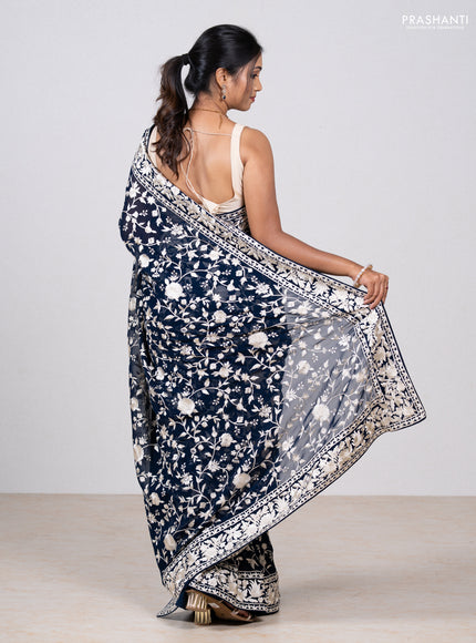 Navy Blue Georgette Saree - Parsi Embroidery