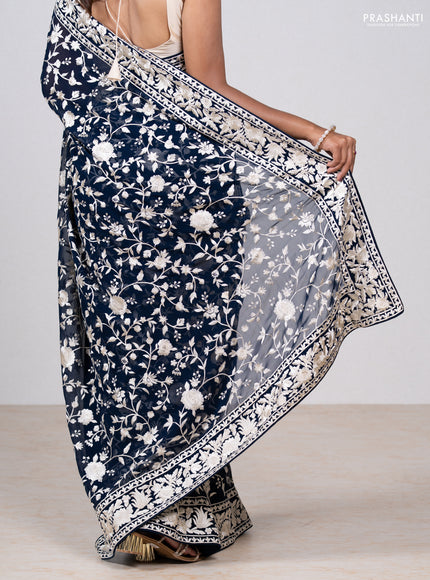 Navy Blue Georgette Saree - Parsi Embroidery