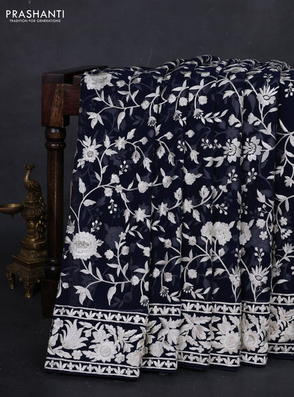 Navy Blue Georgette Saree - Parsi Embroidery