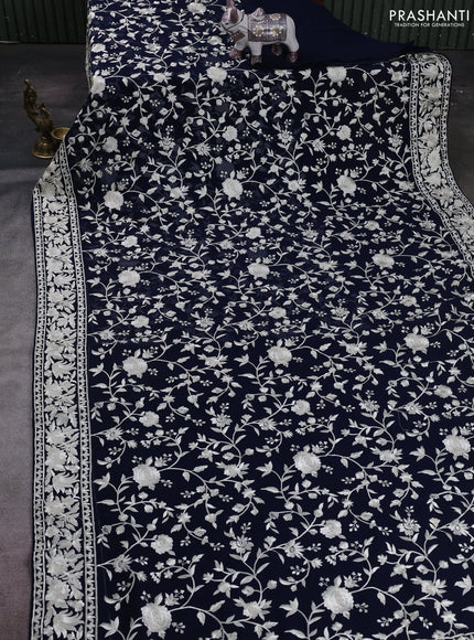 Navy Blue Georgette Saree - Parsi Embroidery