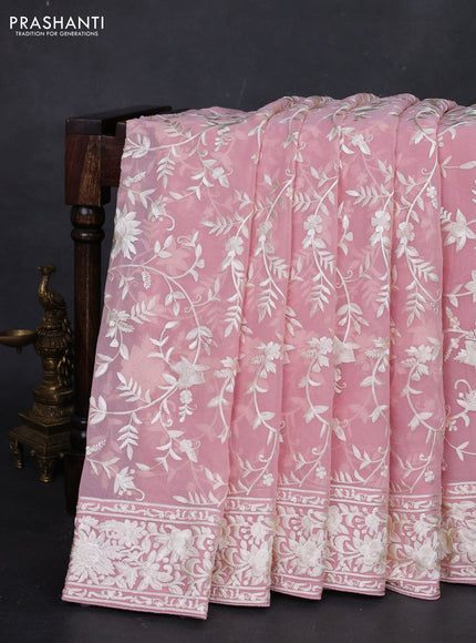 Peach Pink Georgette Saree - Parsi Embroidery