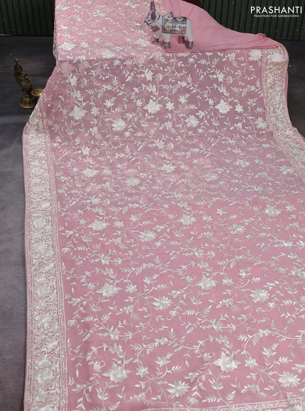 Peach Pink Georgette Saree - Parsi Embroidery