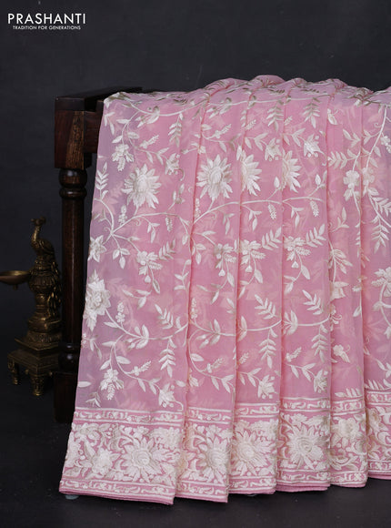 Light Pink Georgette Saree - Parsi Embroidery