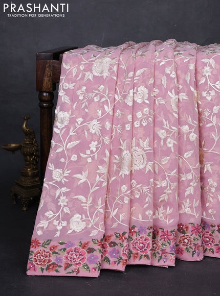 Peach Pink Georgette Saree - Embroidery