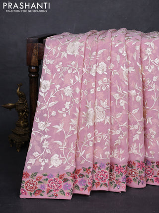 Peach Pink Georgette Saree - Embroidery
